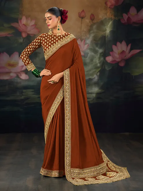 Brown munga silk saree with resham sequins detailing