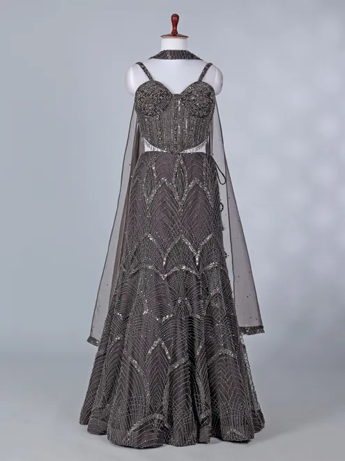 Brown net lehenga choli with rich embellishment