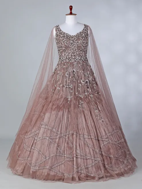 Brown net sleeveless U neck designer floor length gown
