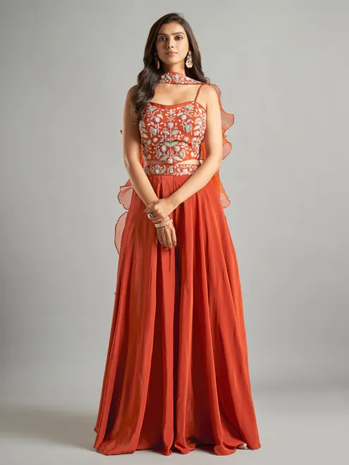 Brown palazzo suit with choker dupatta
