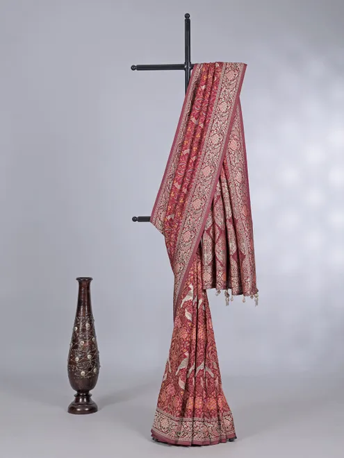 Brown pashmina silk saree with zari work
