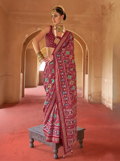 Brown patola silk saree with print