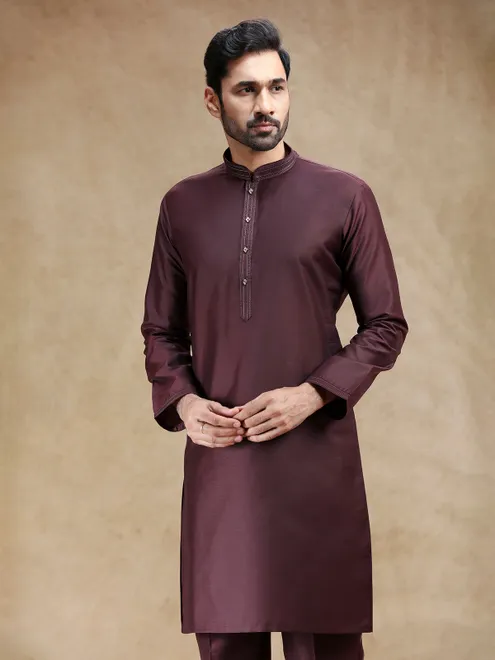 Brown plain cotton silk kurta suit for men