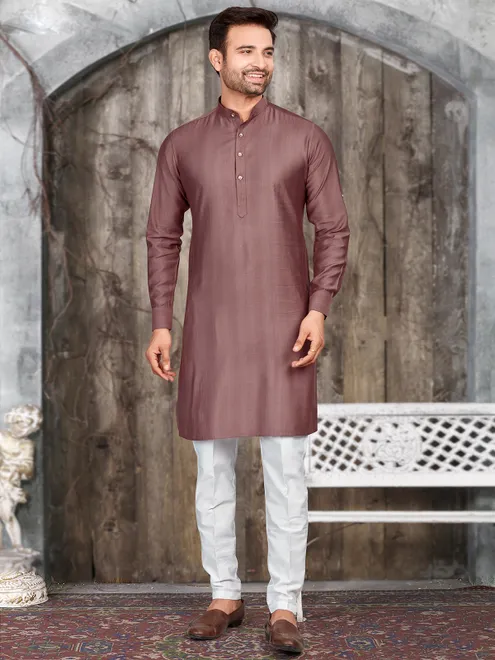 Brown plain  Men Kurta pajama in silk