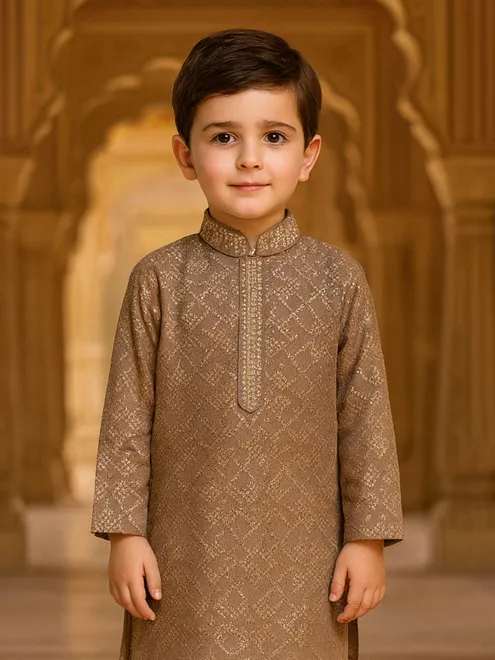 Brown printed cotton silk kurta suit for boys