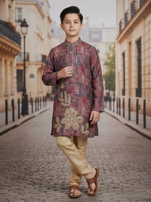 Brown printed cotton silk kurta suit for boys wedding wear