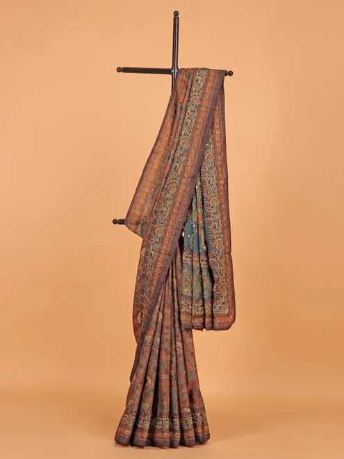 Brown printed cotton silk saree for festive