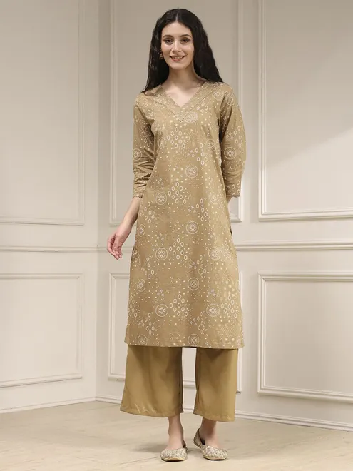 Brown printed cotton V neck kurti