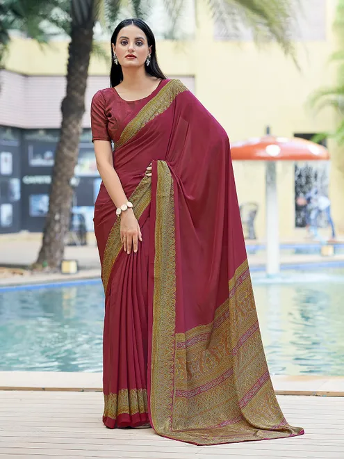 Brown printed crepe silk casual saree with contrast border and pallu