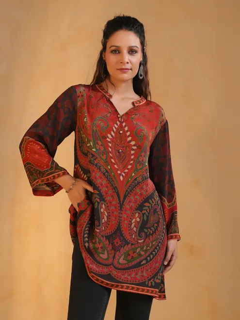 Brown printed crepe silk kurti style topq