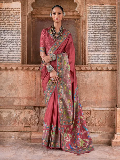 Brown printed festive wear silk saree