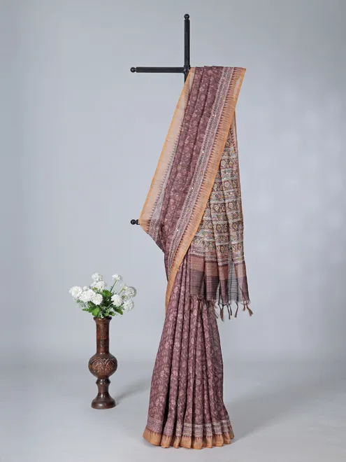 Brown printed semi silk saree with embellishments