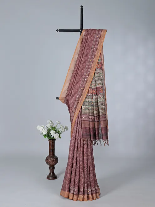Brown printed semi silk saree with mirror accents