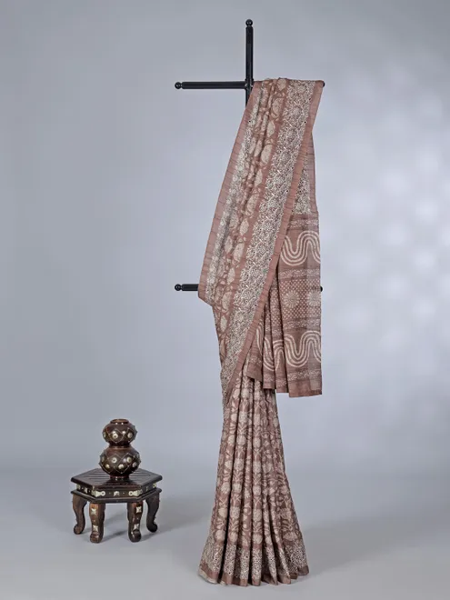 Brown printed semi tusser silk saree with cutwork accents
