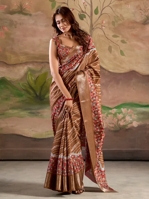 Brown printed silk saree with zari detailing
