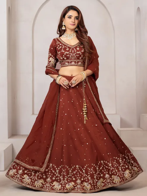 Brown raw silk lehenga choli for evening events