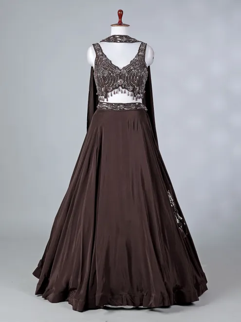 Brown satin silk lehenga choli with V neck