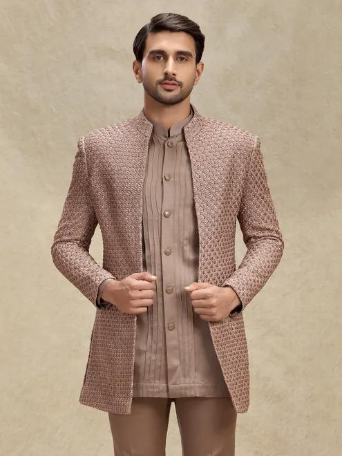 Brown silk embroidered layers indowestern with jacket