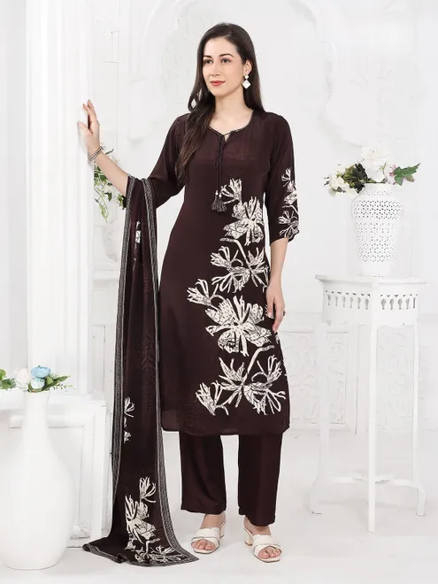 Brown silk kurti set with print