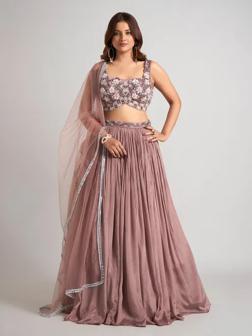 Brown silk lehenga choli with stone embellishments