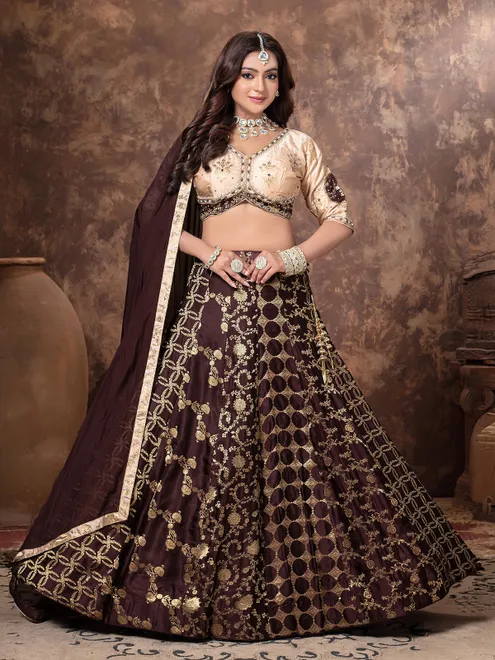 Brown silk lehenga choli with zardosi work