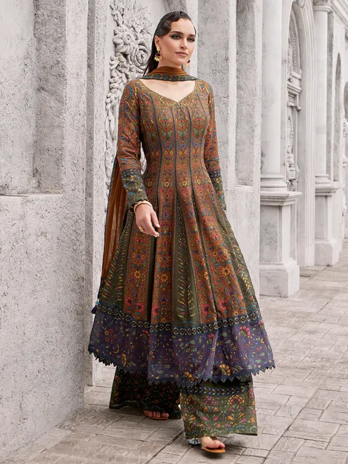 Brown silk palazzo suit with mirror and stone glamour
