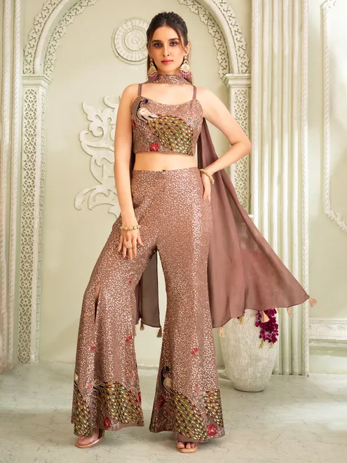 Brown silk palazzo suit with rich embroidery