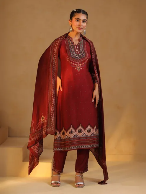 Brown silk printed salwar suit for festivals