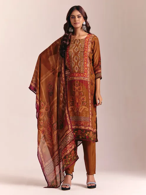 Brown silk printed salwar suit with dupatta