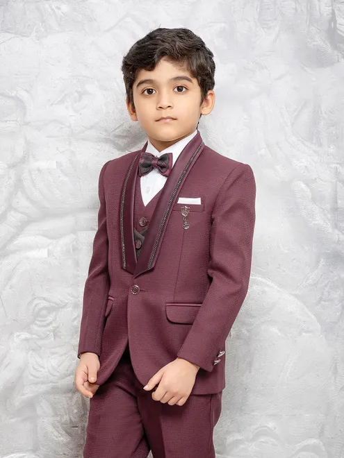 Brown textured boys coat suit in terry rayon