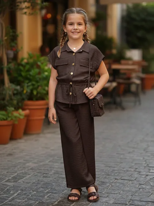 Brown textured cotton blend co ord set