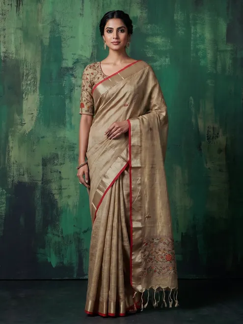 Brown thread work elegant cotton semi tissue saree