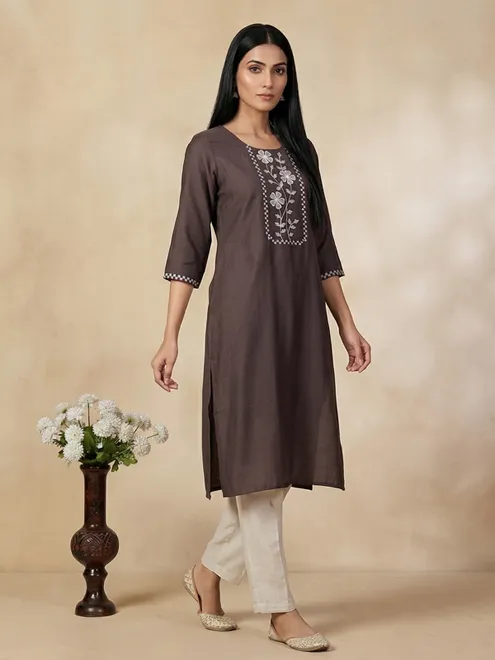 Brown thread worked cotton silk kurti