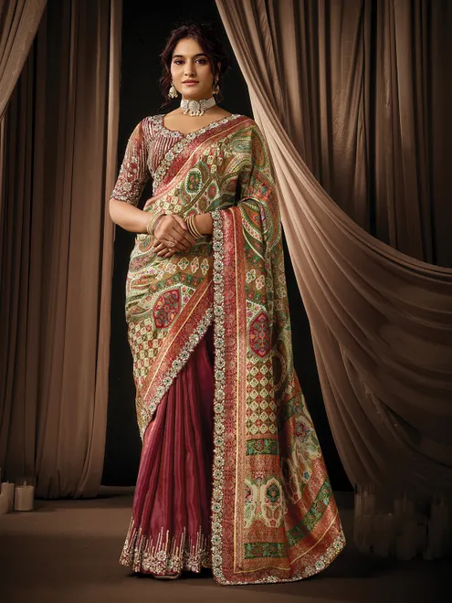 Brown wedding wear satin jacquard silk saree