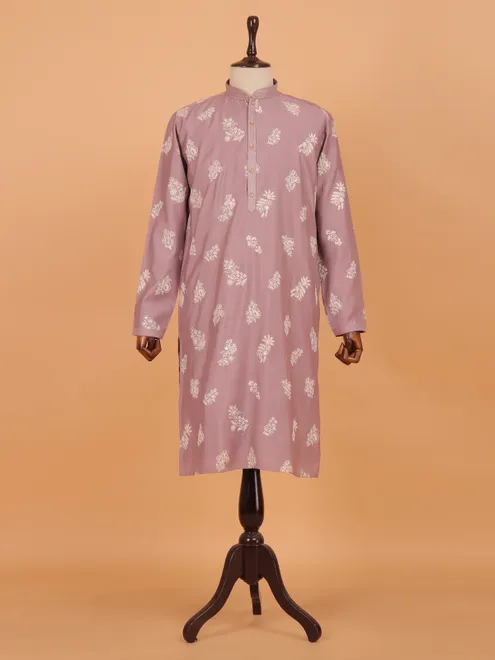 Cameo pink patched embroidery cotton kurta suit for men