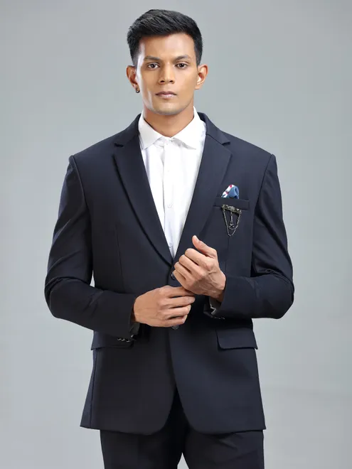 Casual and chic navy blazer in terry rayon fabric