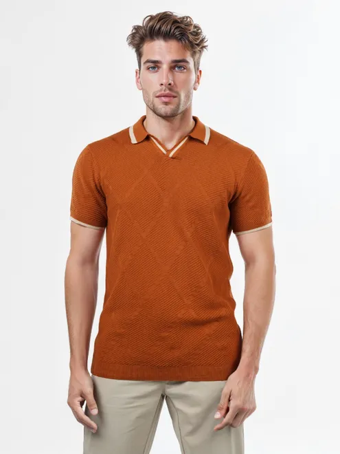 CELIO orange textured mens polo t-shirt