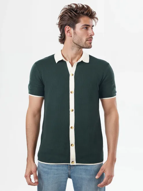 CELIO plain forest green cotton casual slim fit shirt