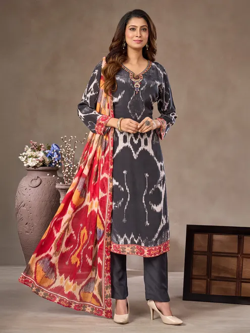 Charcoal black crepe silk salwar suit with quarter sleeves
