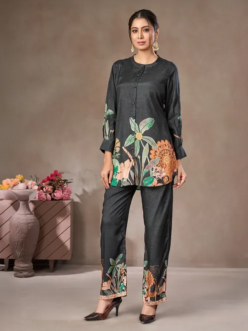 Charcoal black floral printed crepe silk co-ord set