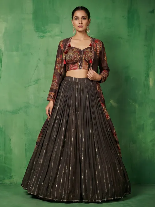 Charcoal black georgette lehenga with designer printed jacket style