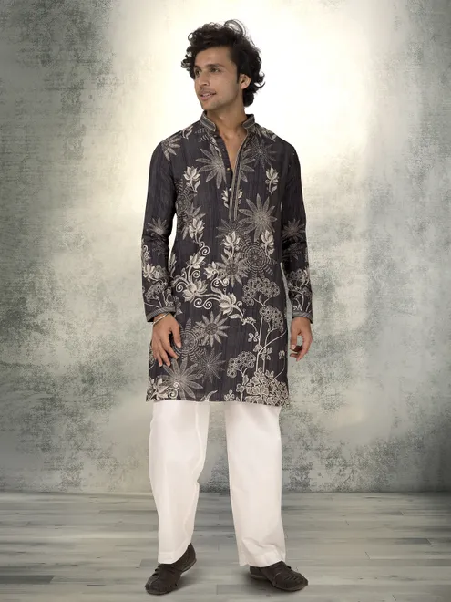 Charcoal black linen cotton printed kurta suit for weddings