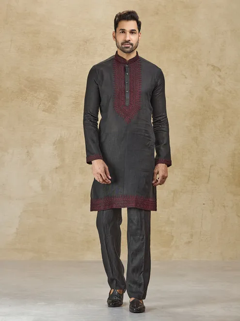 Charcoal black linen kurta suit with thread detailing