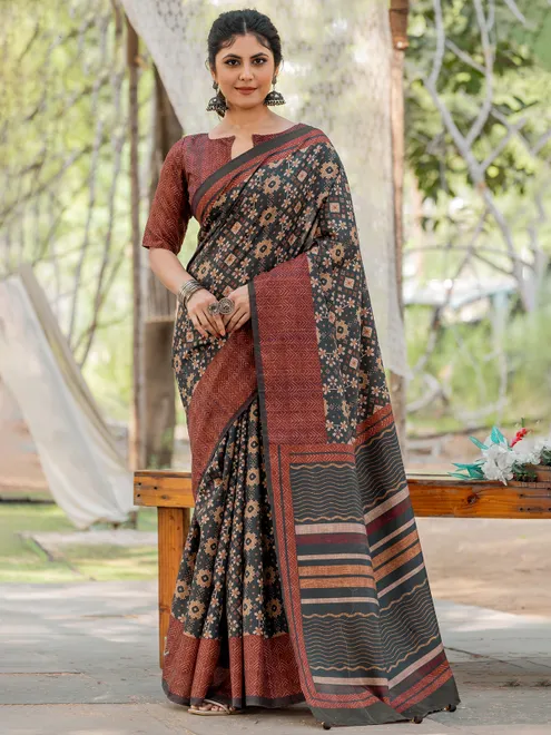 Charcoal black printed kozi silk saree