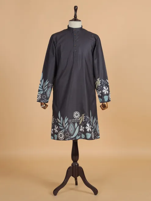 Charcoal black printed silk festive ready kurta suit