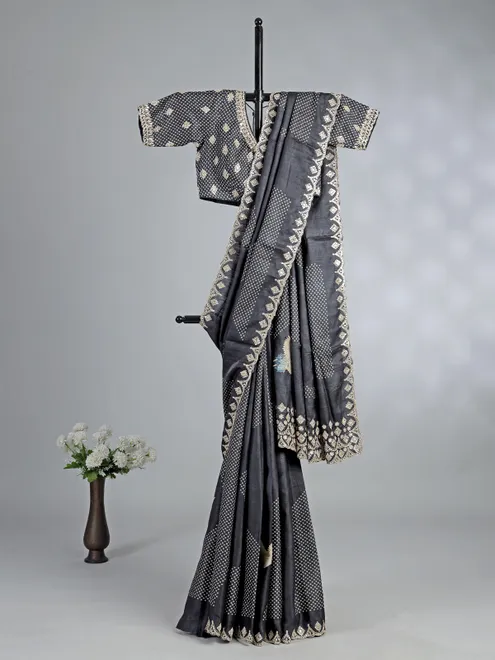 Charcoal black printed silk saree with mirror work