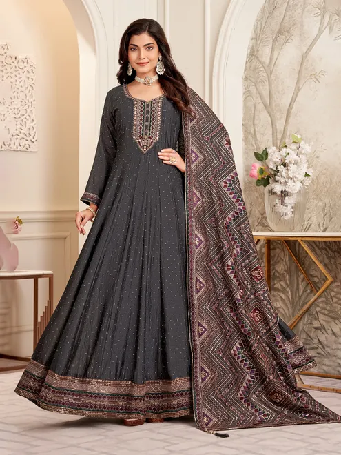 Charcoal black silk anarkali suit with dupatta