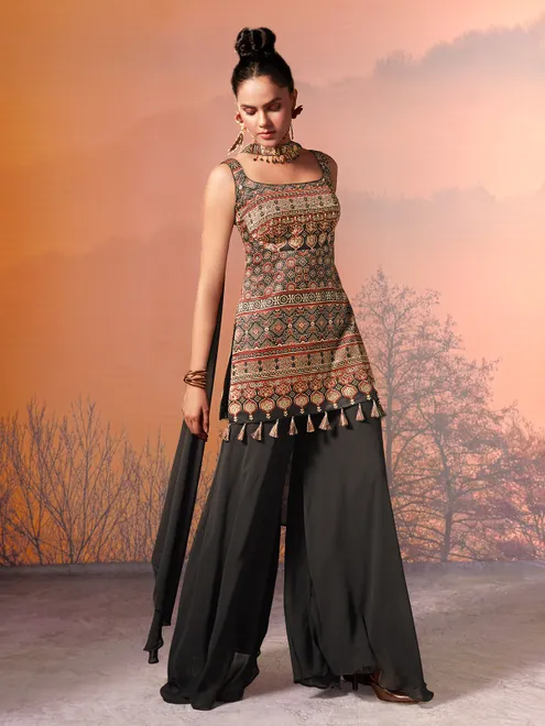 Charcoal black silk printed palazzo suit with dupatta