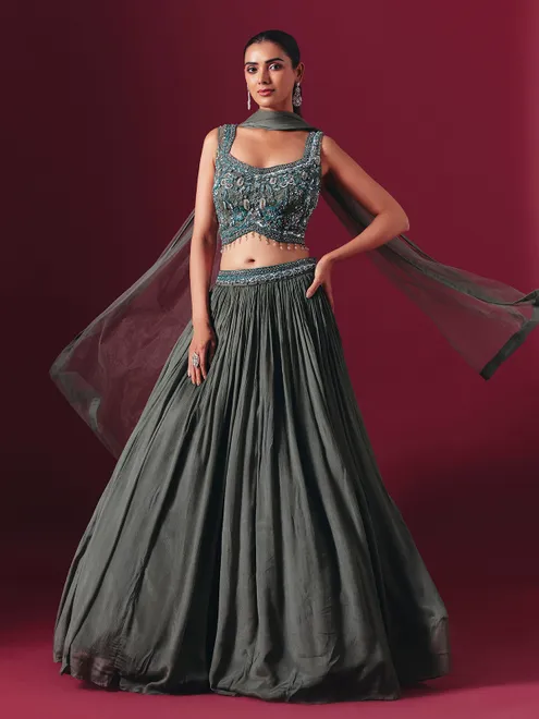 Charcoal grey chiffon georgette designer lehenga choli with elegant dupatta style
