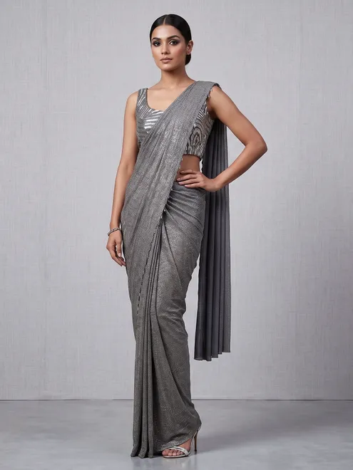Charcoal grey shimmer ready to wear saree